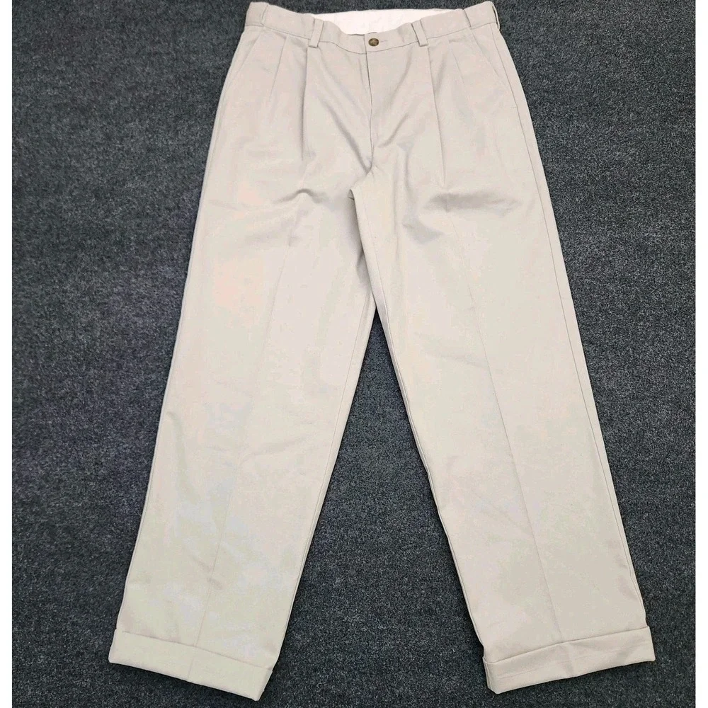 L.L. Bean Mens 35x34 Beige Khaki Pleated Straight Leg‎ Pants Wrinkle Free Office